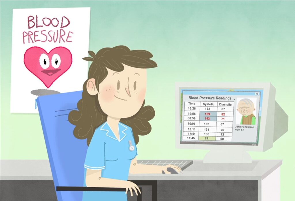 cartoon image: clinician checking historical blood pressure readings on a PC screen.
