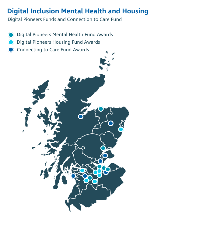 Map of
Scotland highlighting digital inclusion mental health and housing