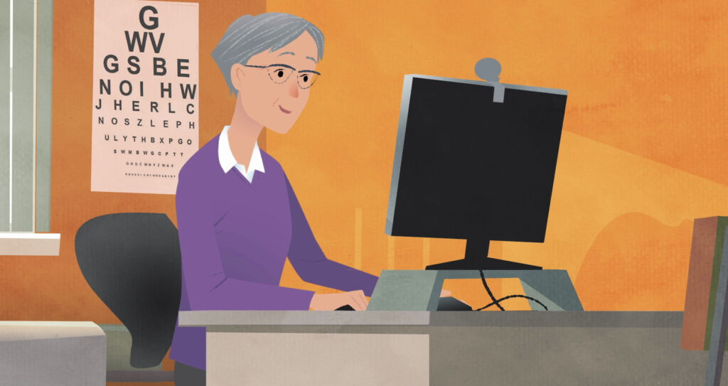 Drawing of clinician looking at their computer screen while taking part in a video call.