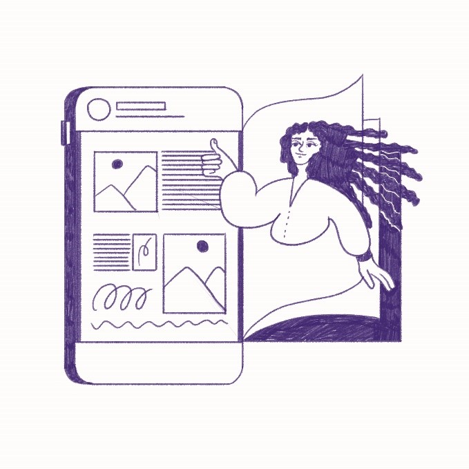 split image - mobile phone on left, woman on right. Woman has a thumb raised, presumably at the content the mobile phone is showing.
